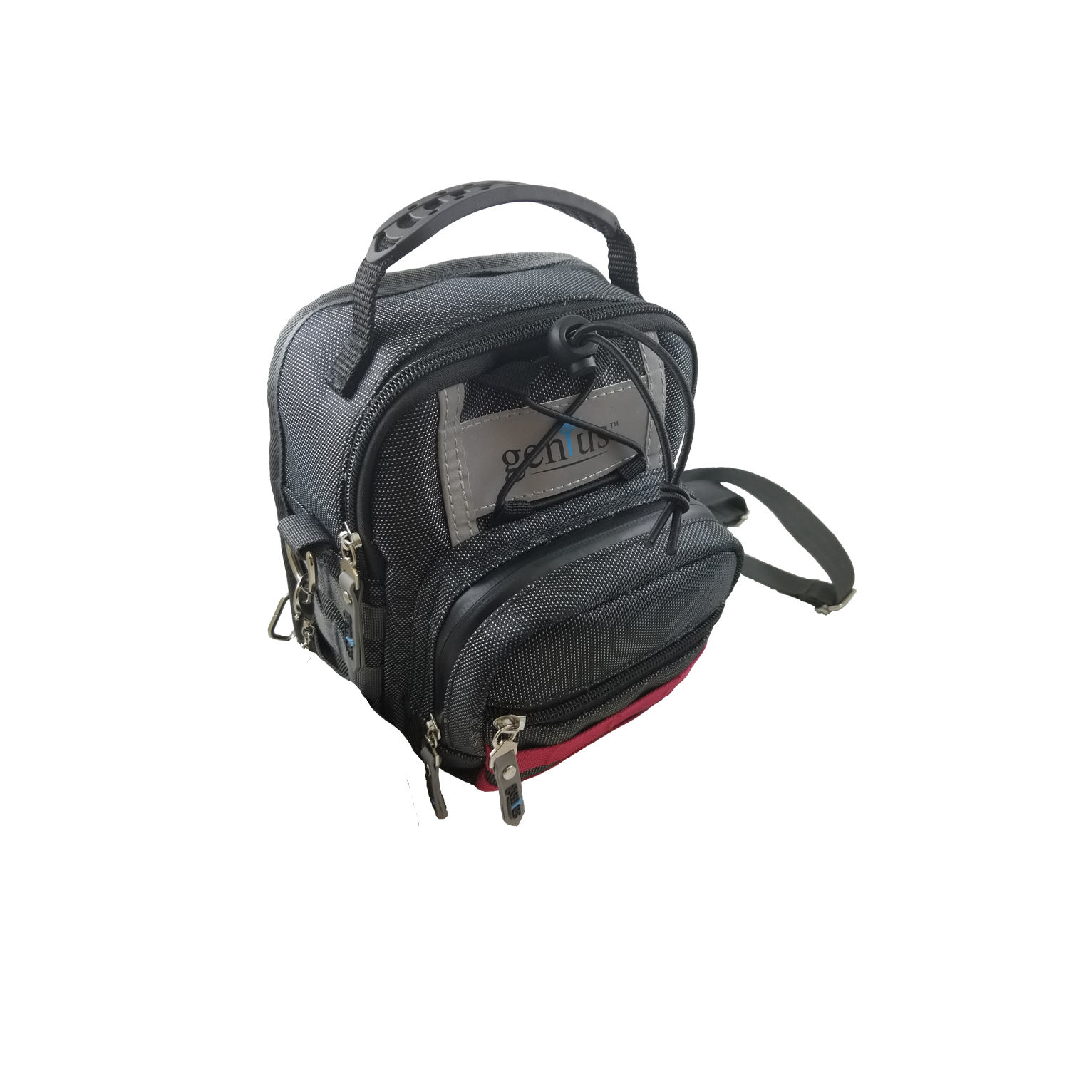 a black and red backpack on a white background