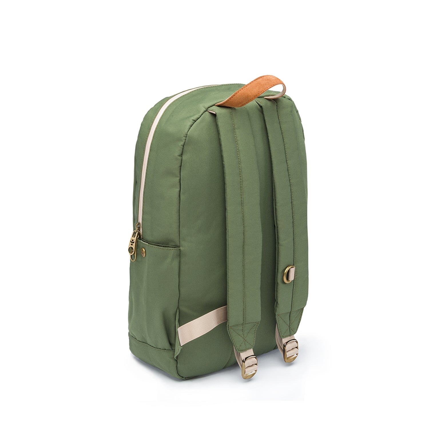 a green backpack with a tan leather handle