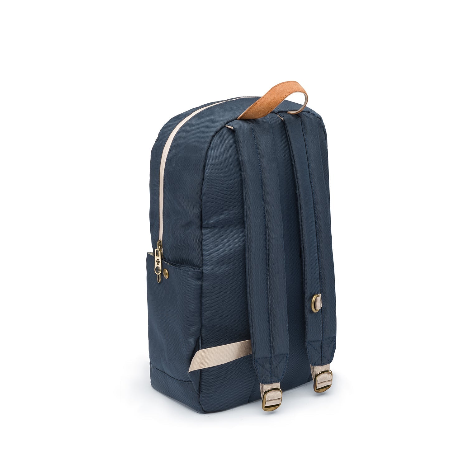 a blue backpack with a tan leather handle