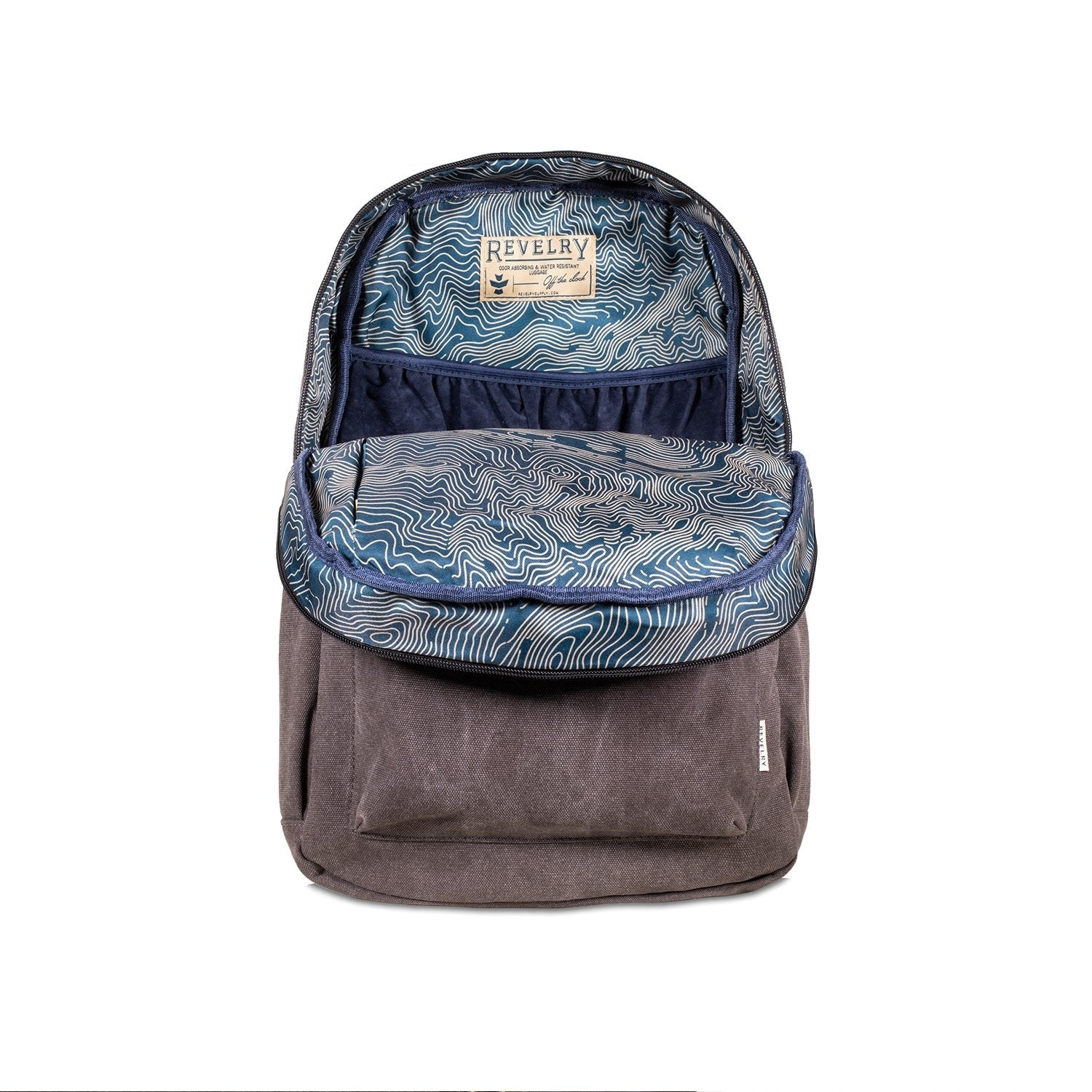 a blue and gray backpack sitting on top of a white background