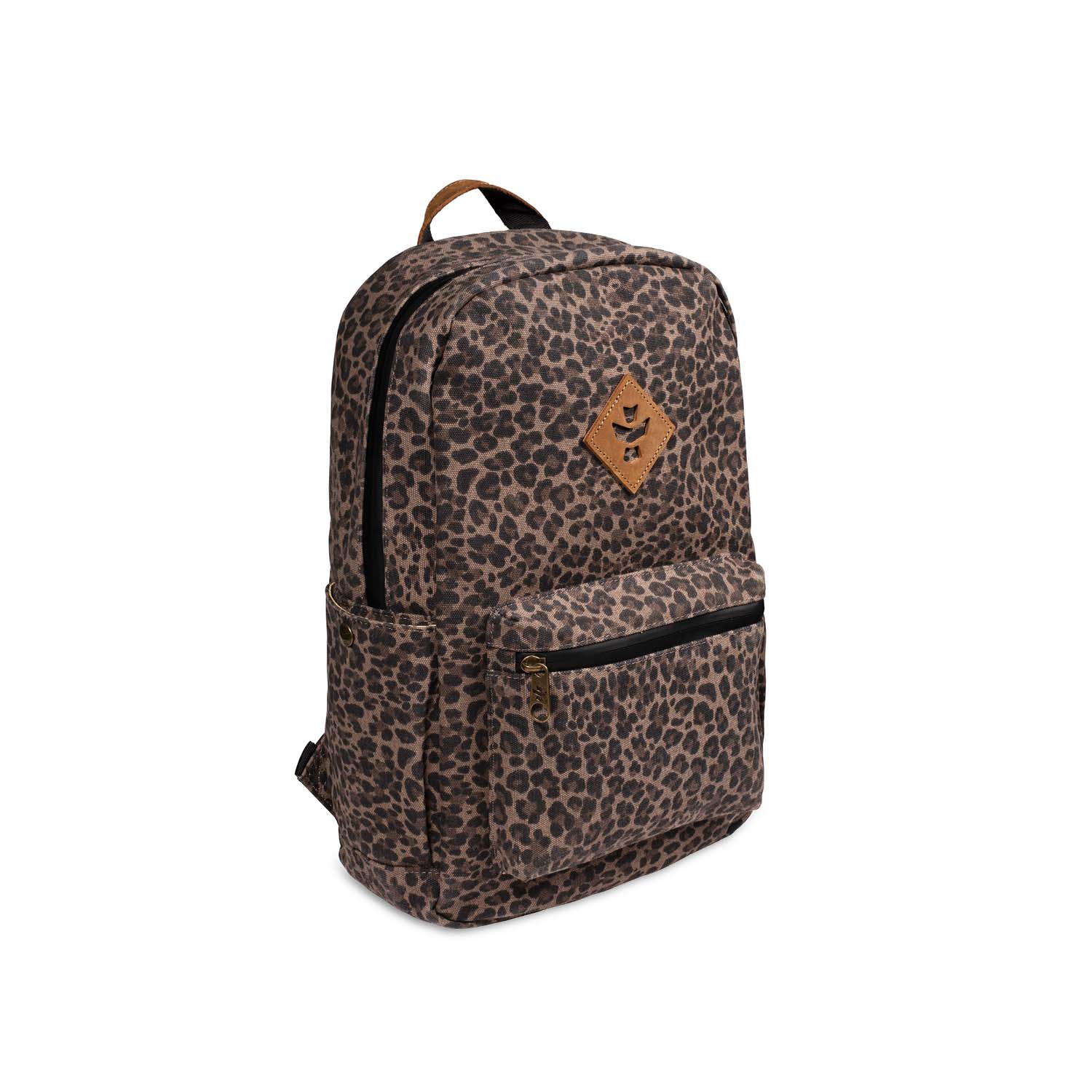 a leopard print backpack on a white background