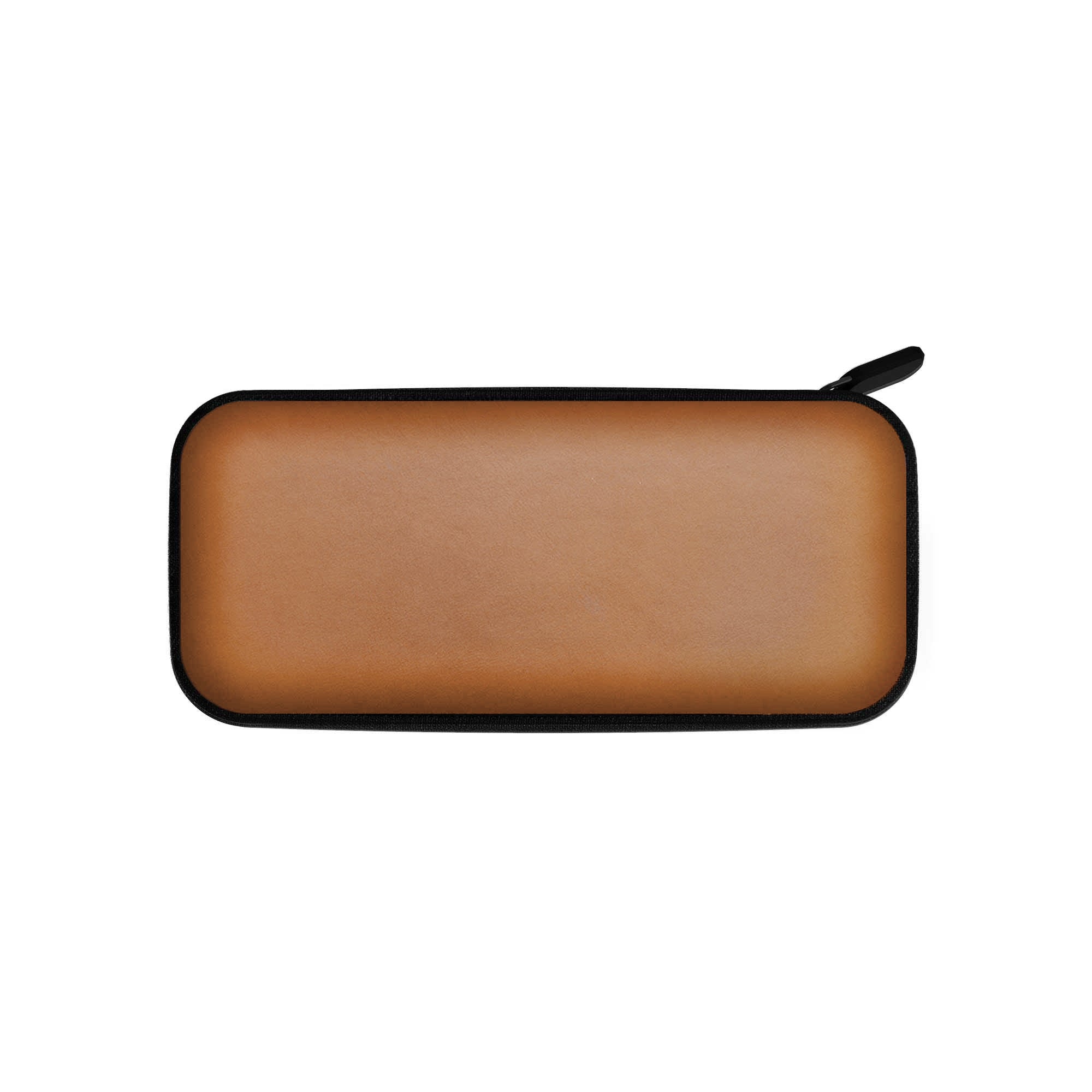 a brown case with a black handle on a white background