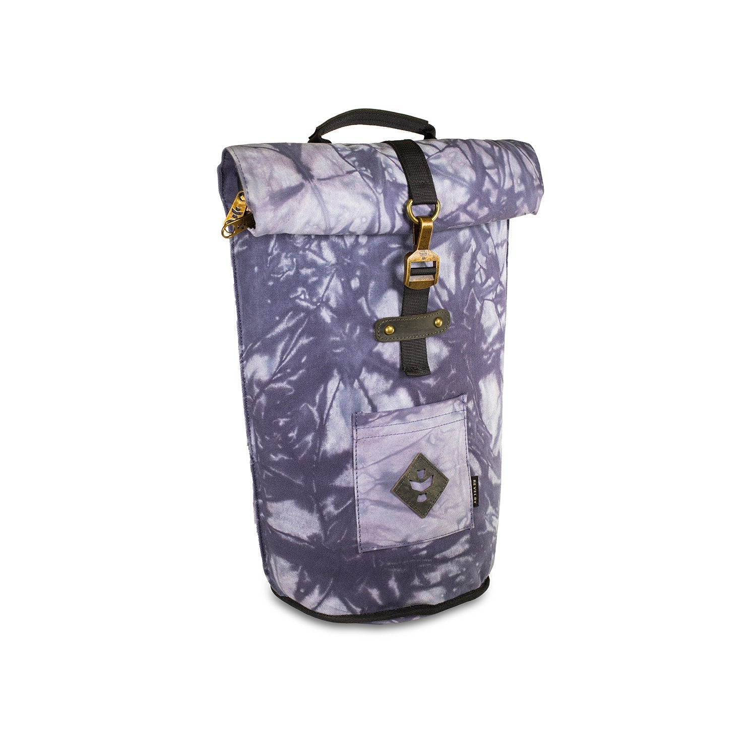 a purple and white bag with a black handle