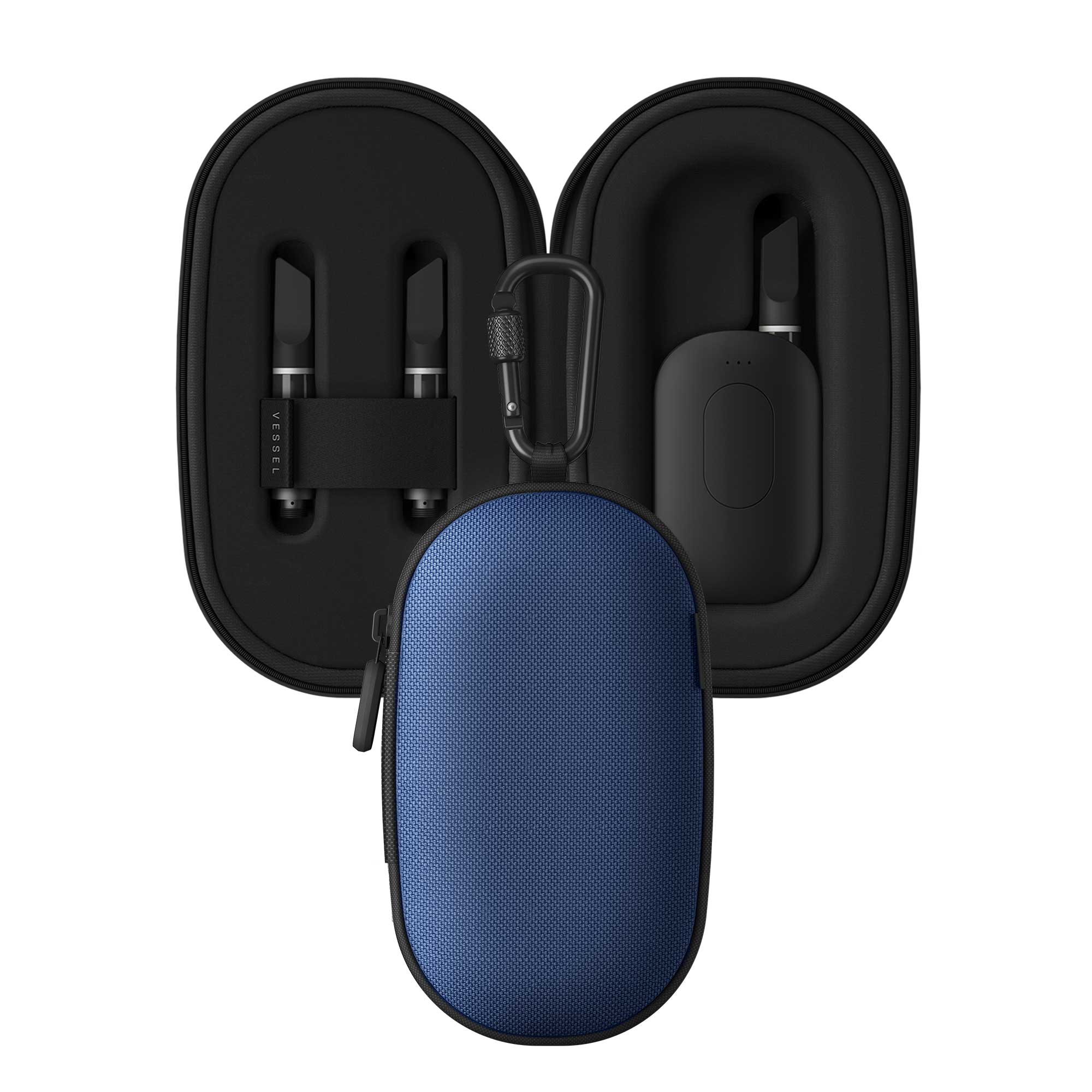 a blue case with ear buds in it