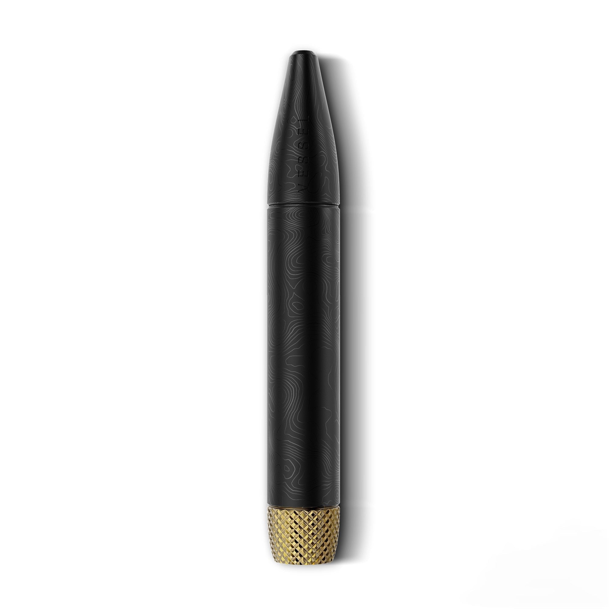 a black and gold pen on a white background