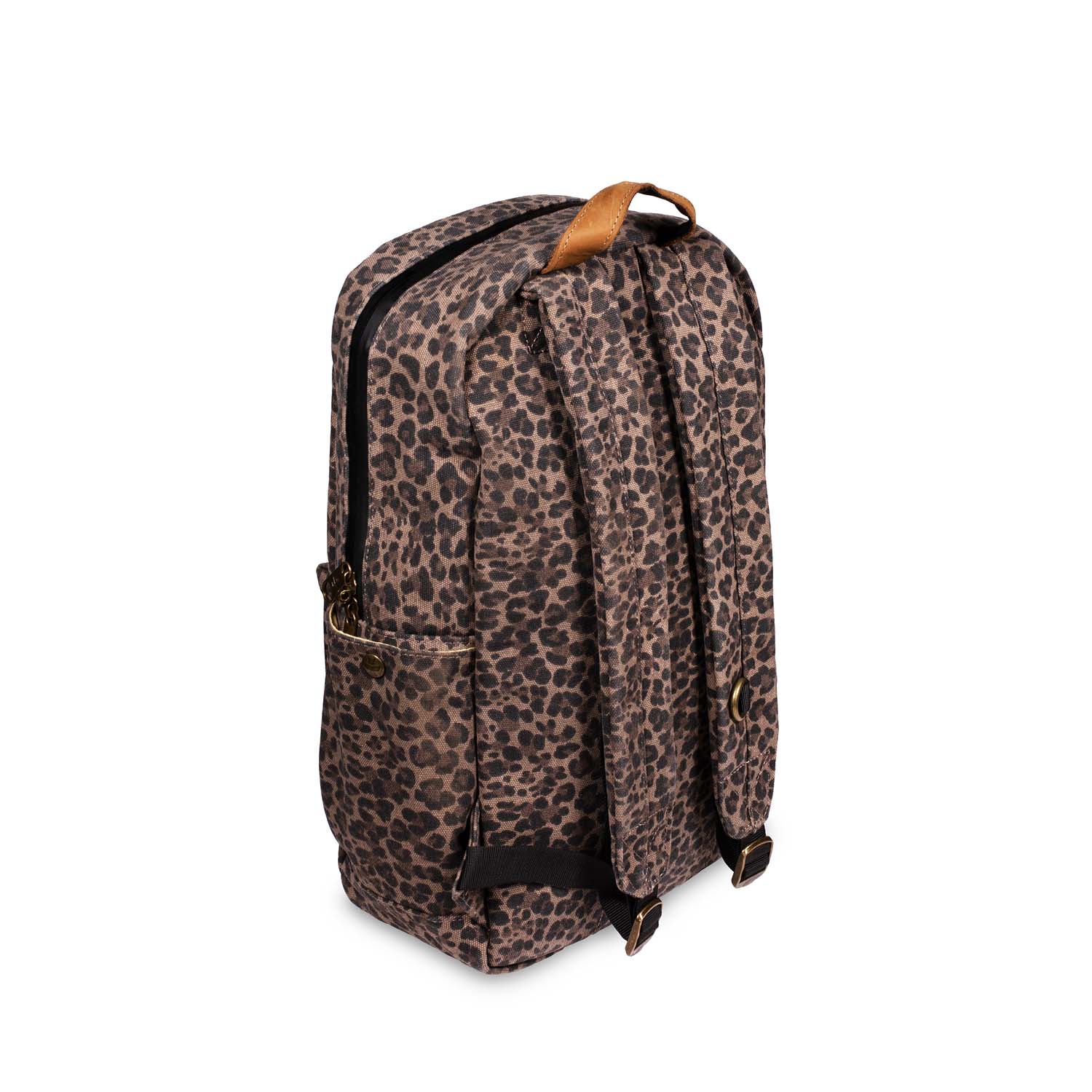 a leopard print backpack on a white background