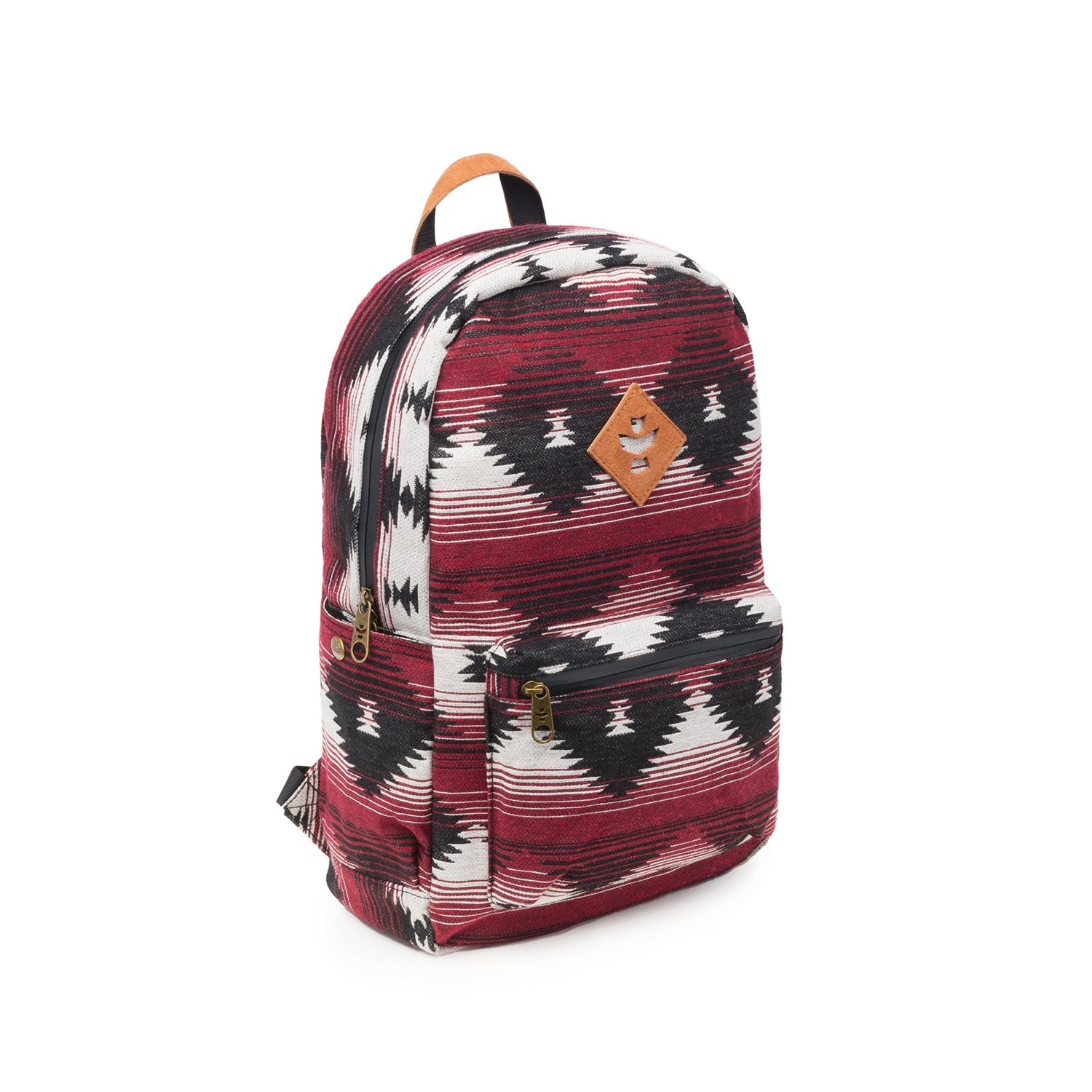 a red backpack with a black and white pattern