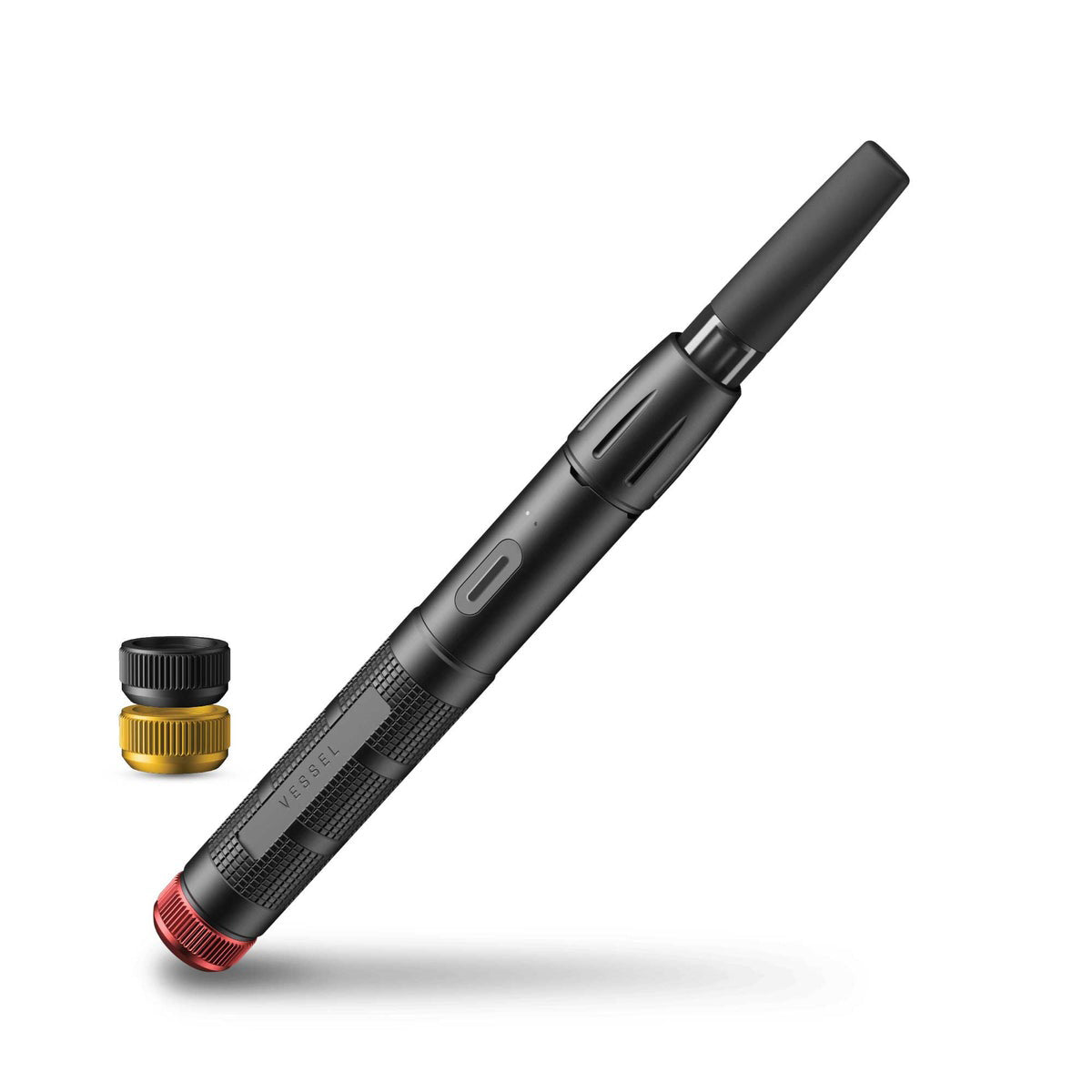 a black pen with a red tip and a yellow tip