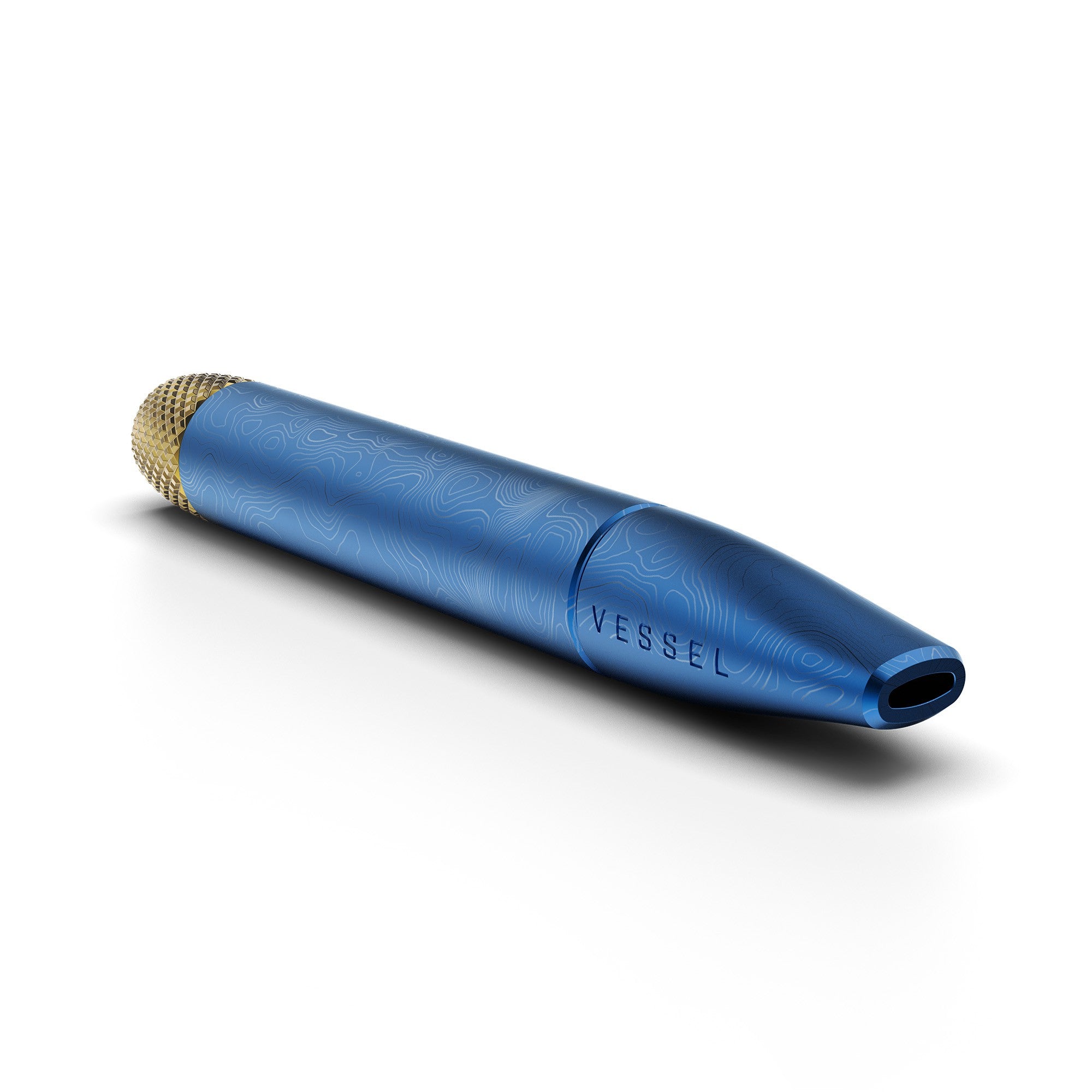 a blue pen with a gold tip on a white background