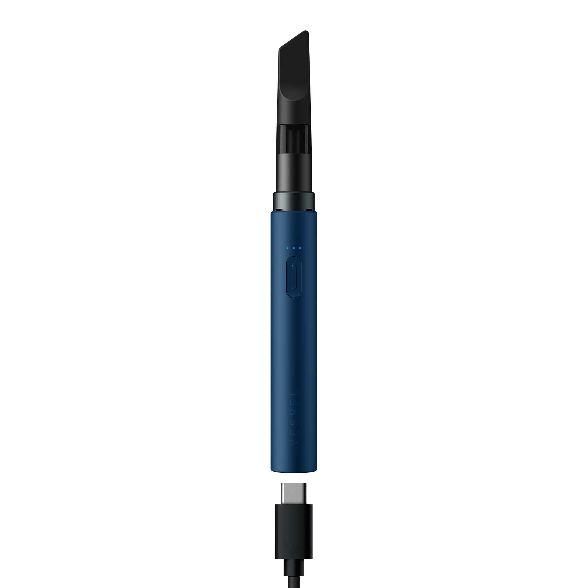 a blue pen with a black tip on a white background