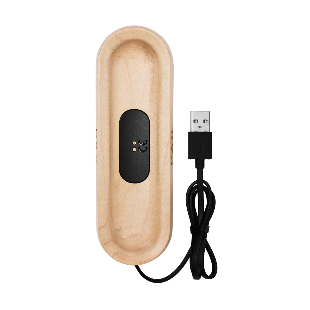 a wooden object is plugged into a charger