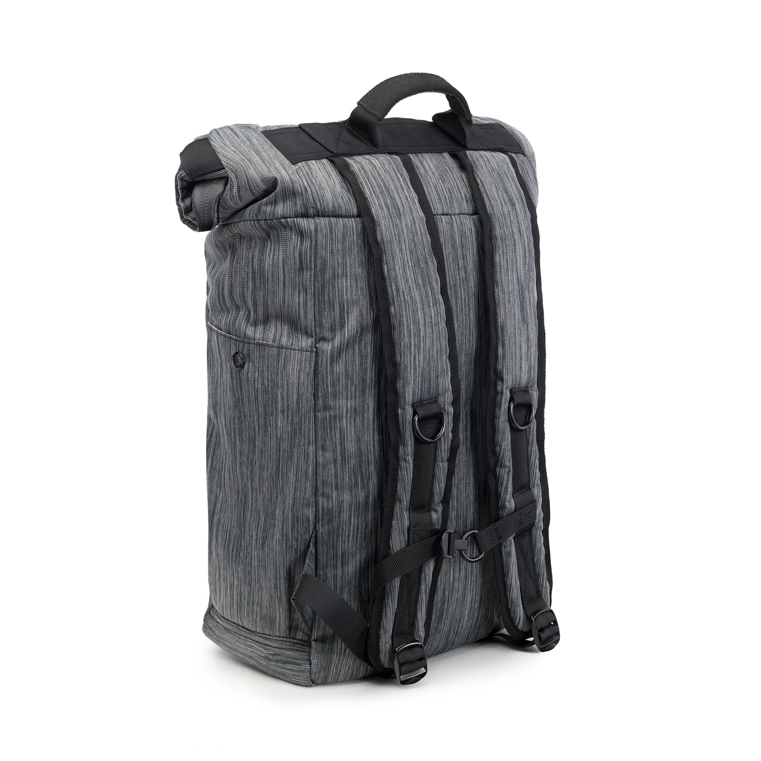 a gray backpack with black straps on a white background