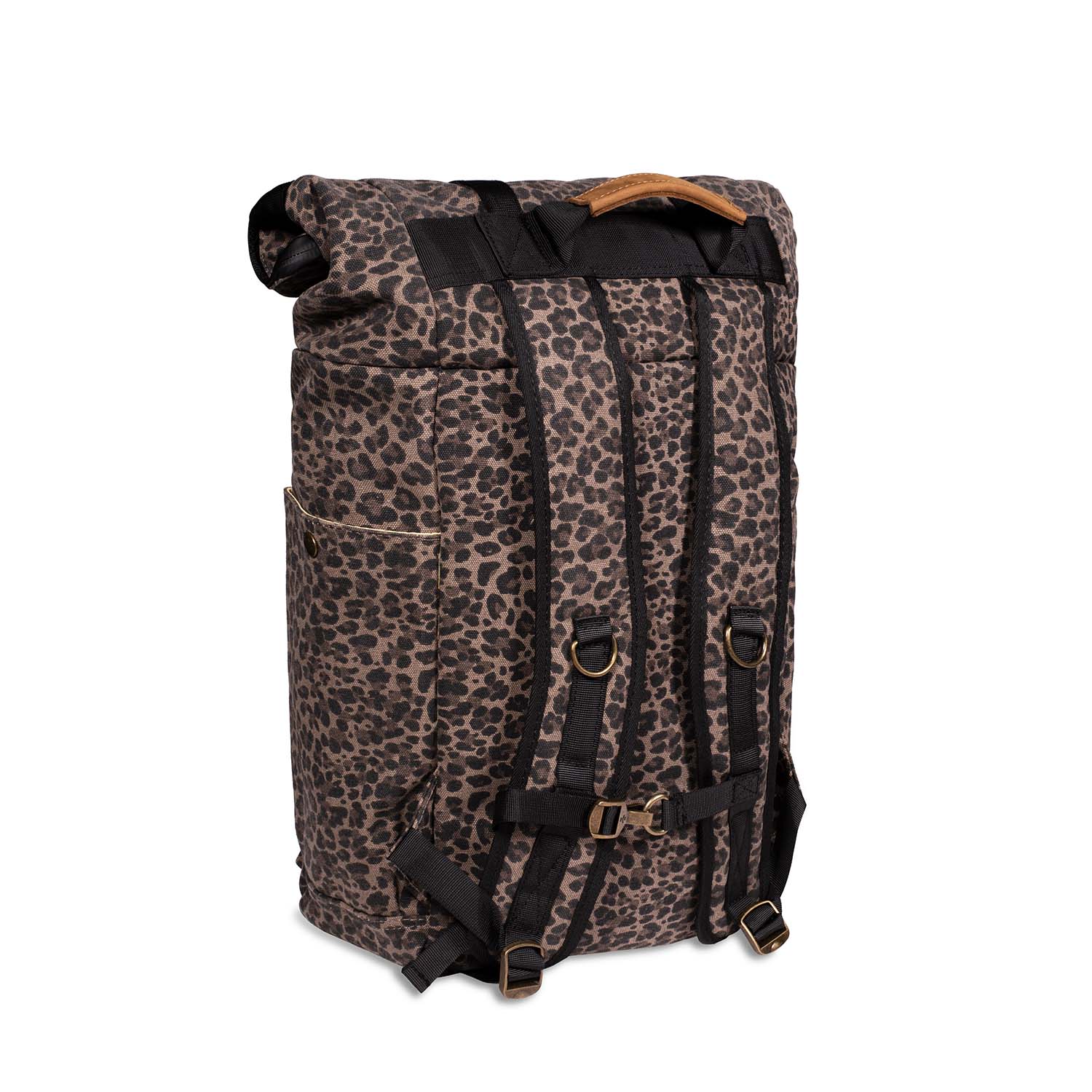 a leopard print backpack with a wooden handle