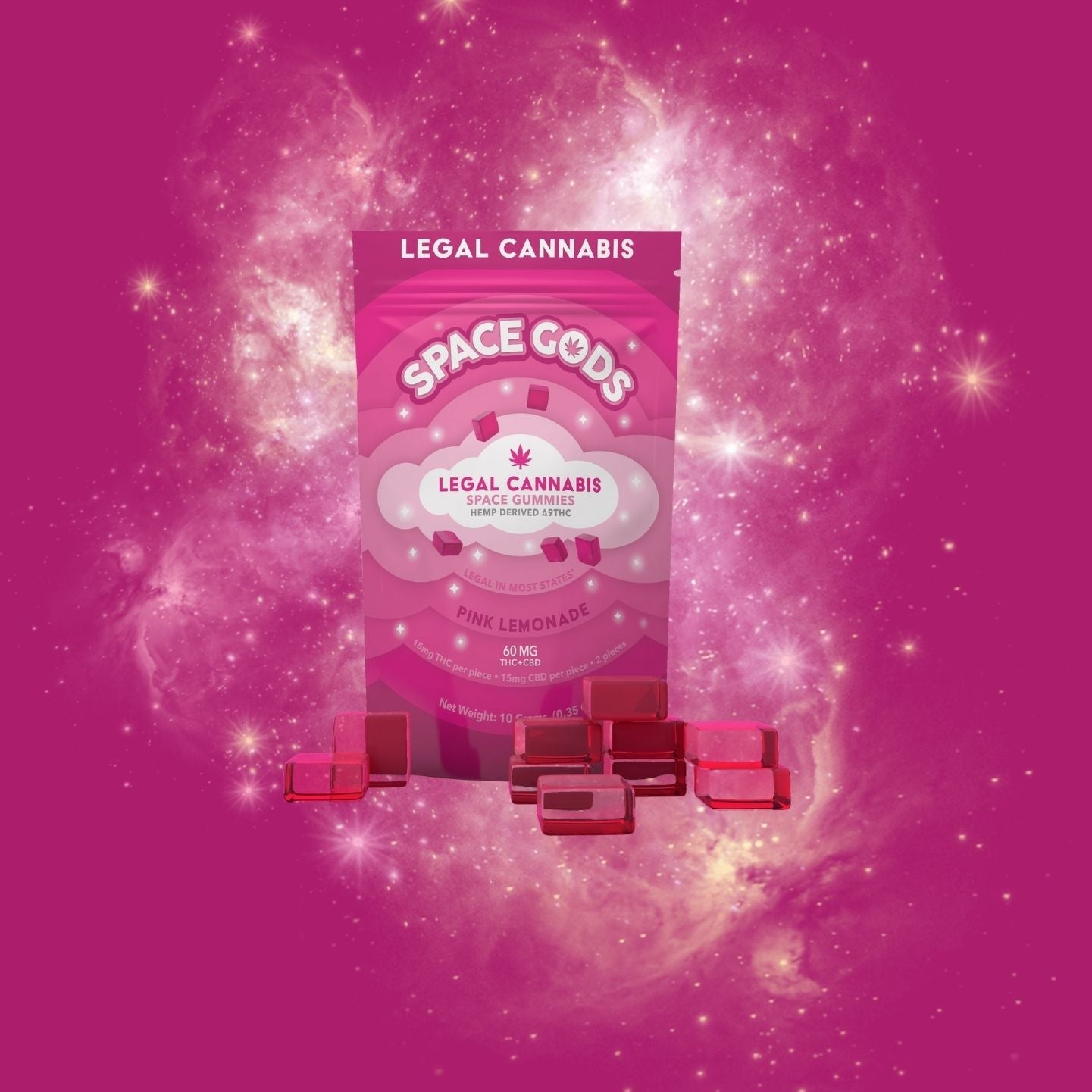 a package of space goos on a pink background