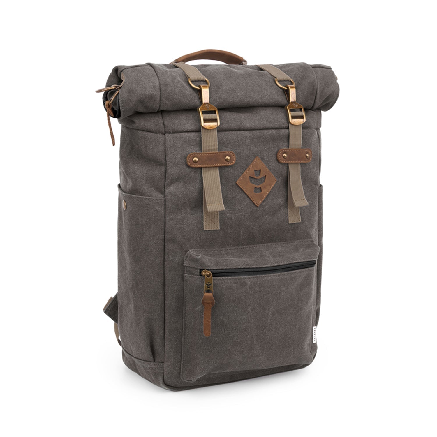 a gray backpack with brown straps and a brown handle