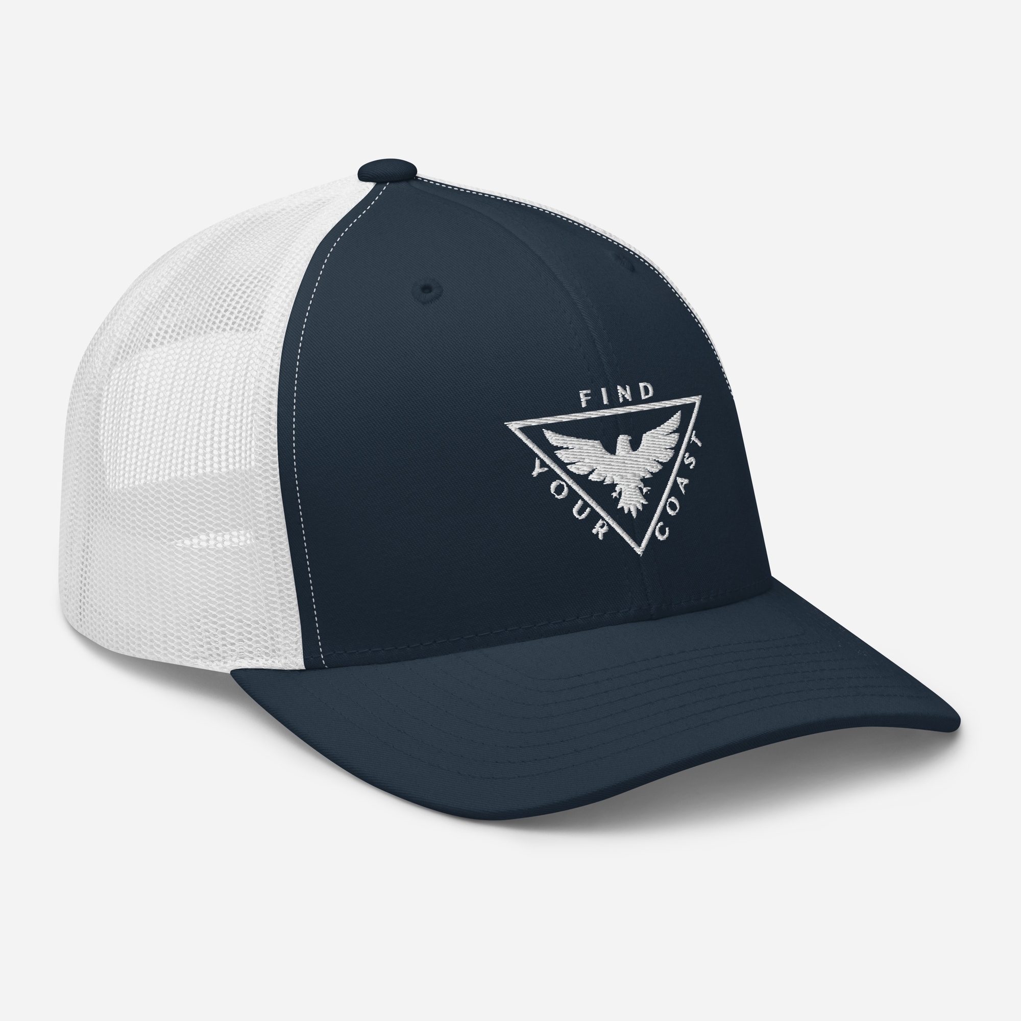 a navy and white trucker hat with a white eagle on the front