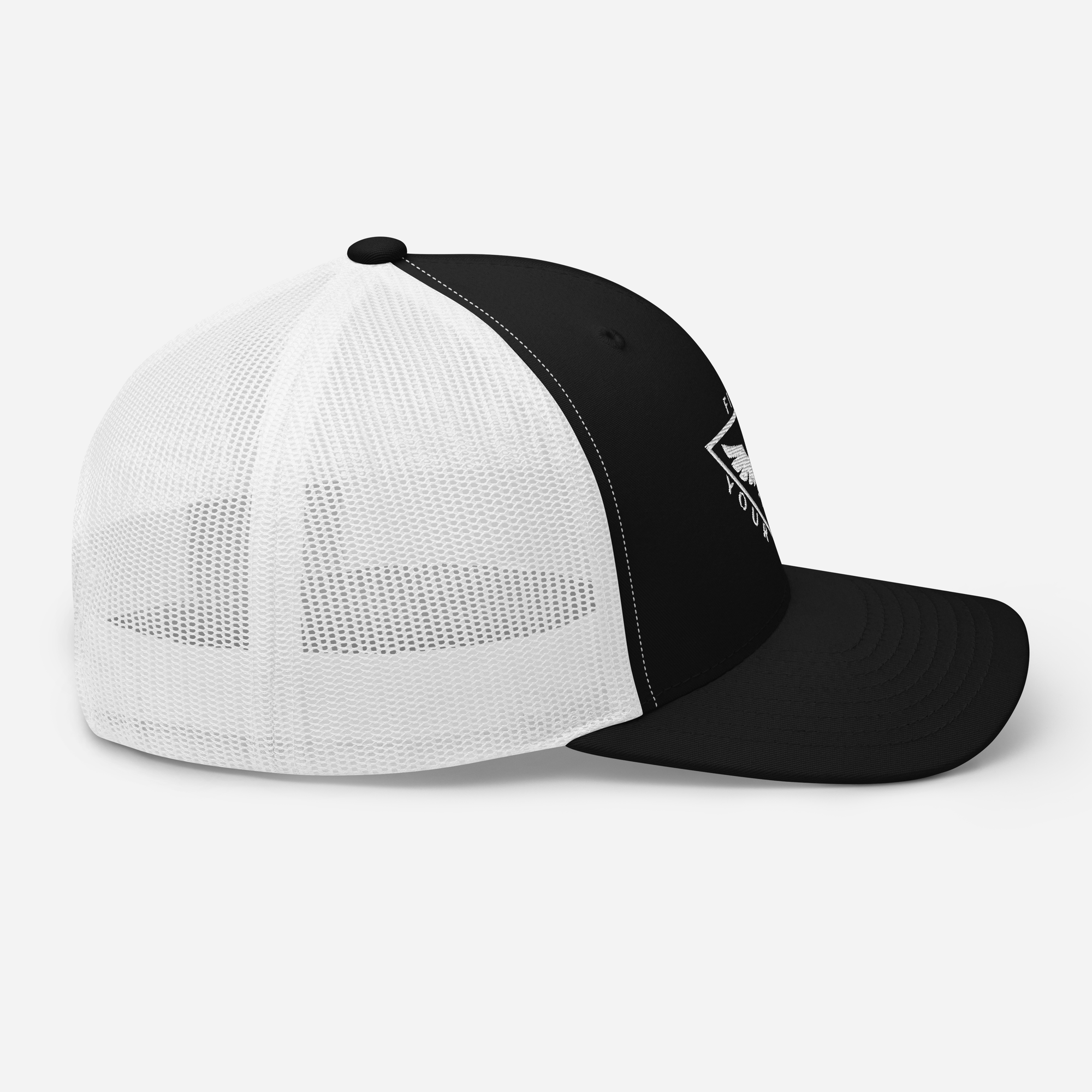 a black and white trucker hat on a white background