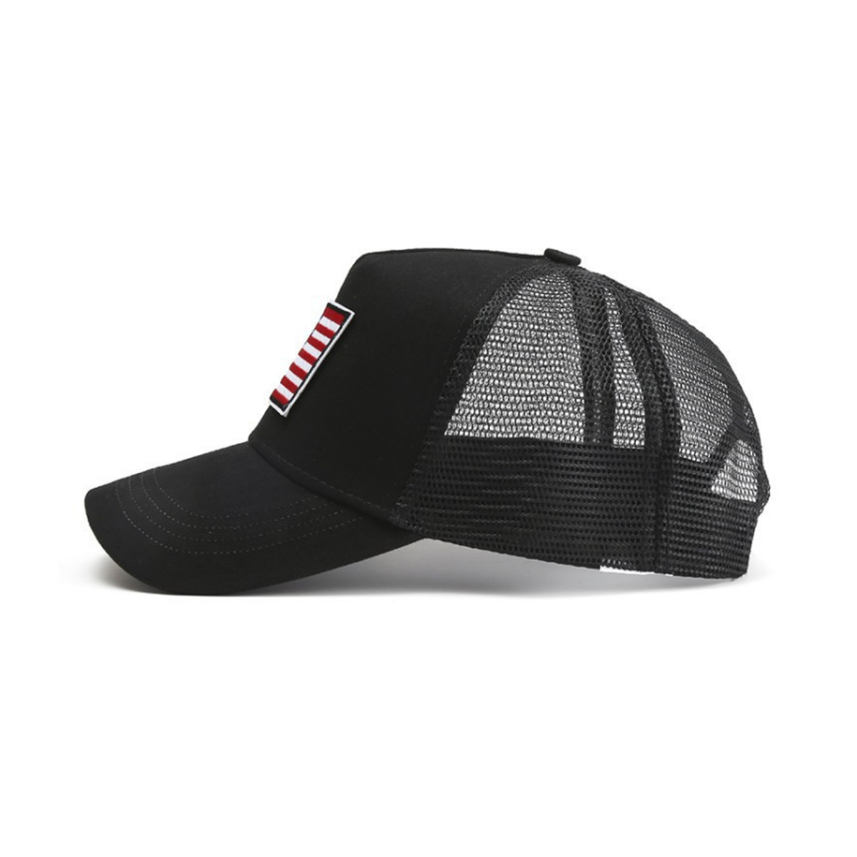 a black trucker hat with a red and white logo