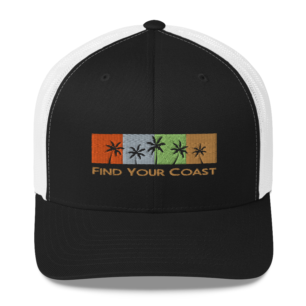 a black and white trucker hat with palm trees and the words find your coast