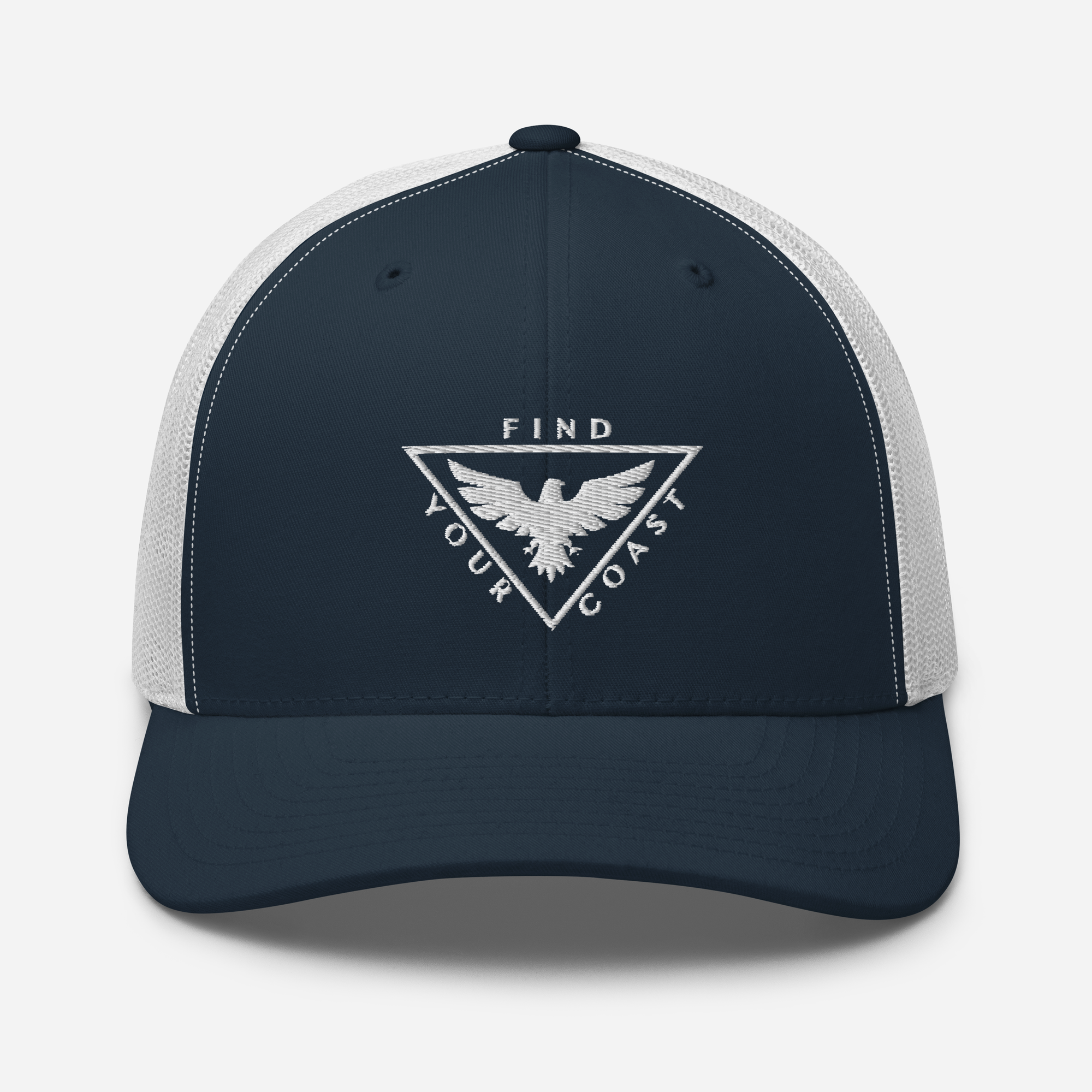 a blue and white trucker hat with a white eagle on it