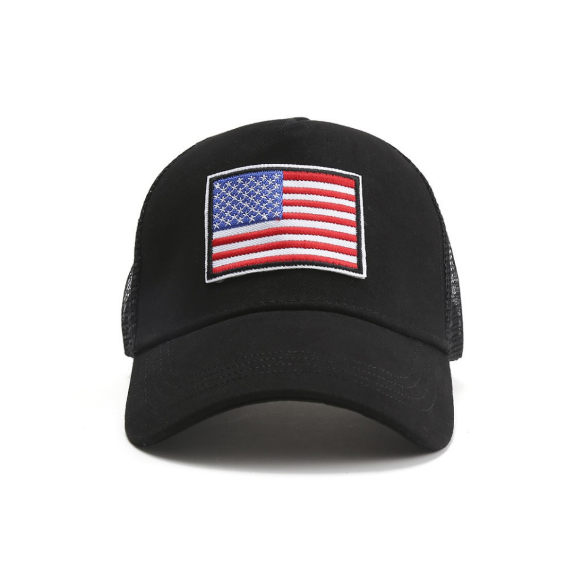 a black trucker hat with an american flag patch