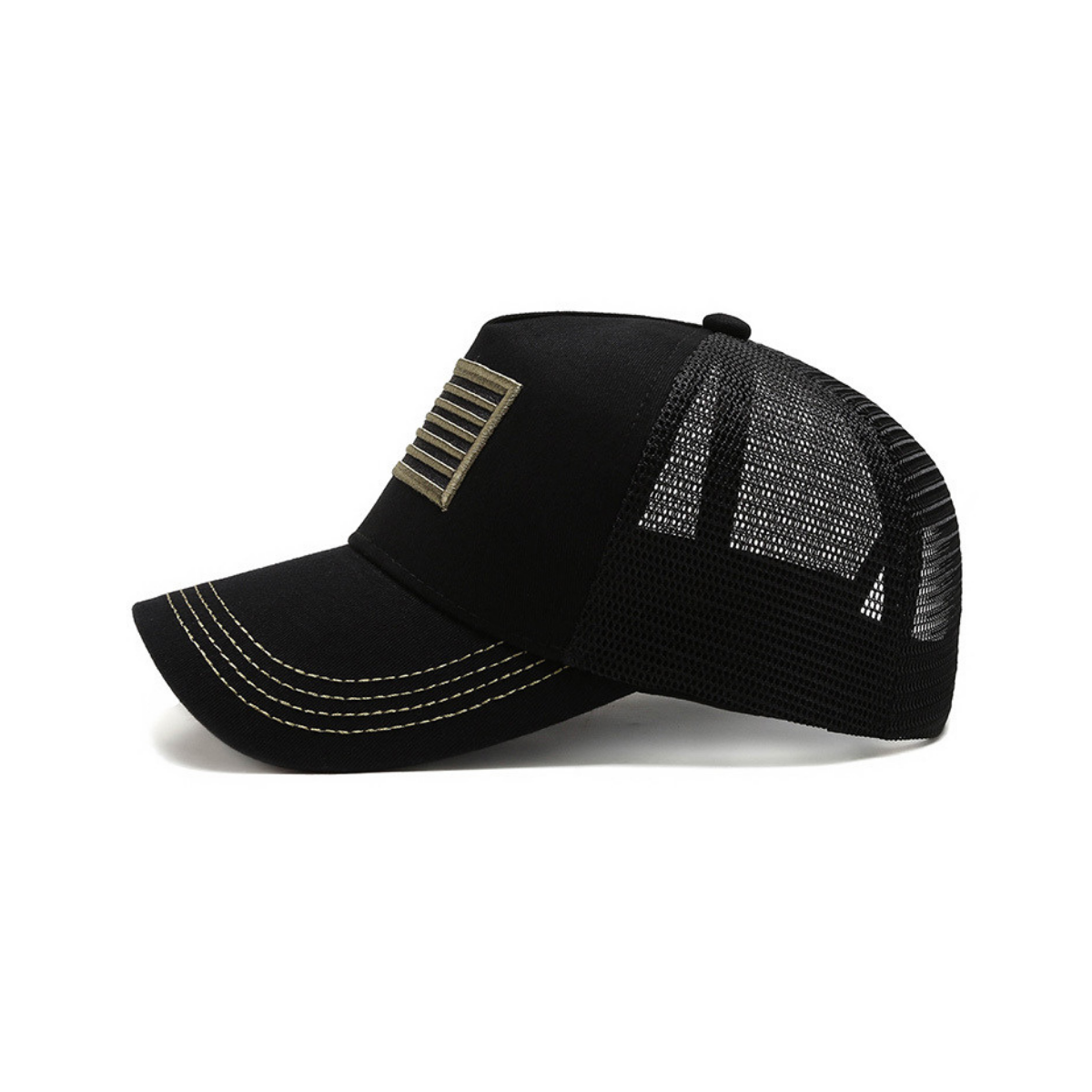 a black hat with a flag on it