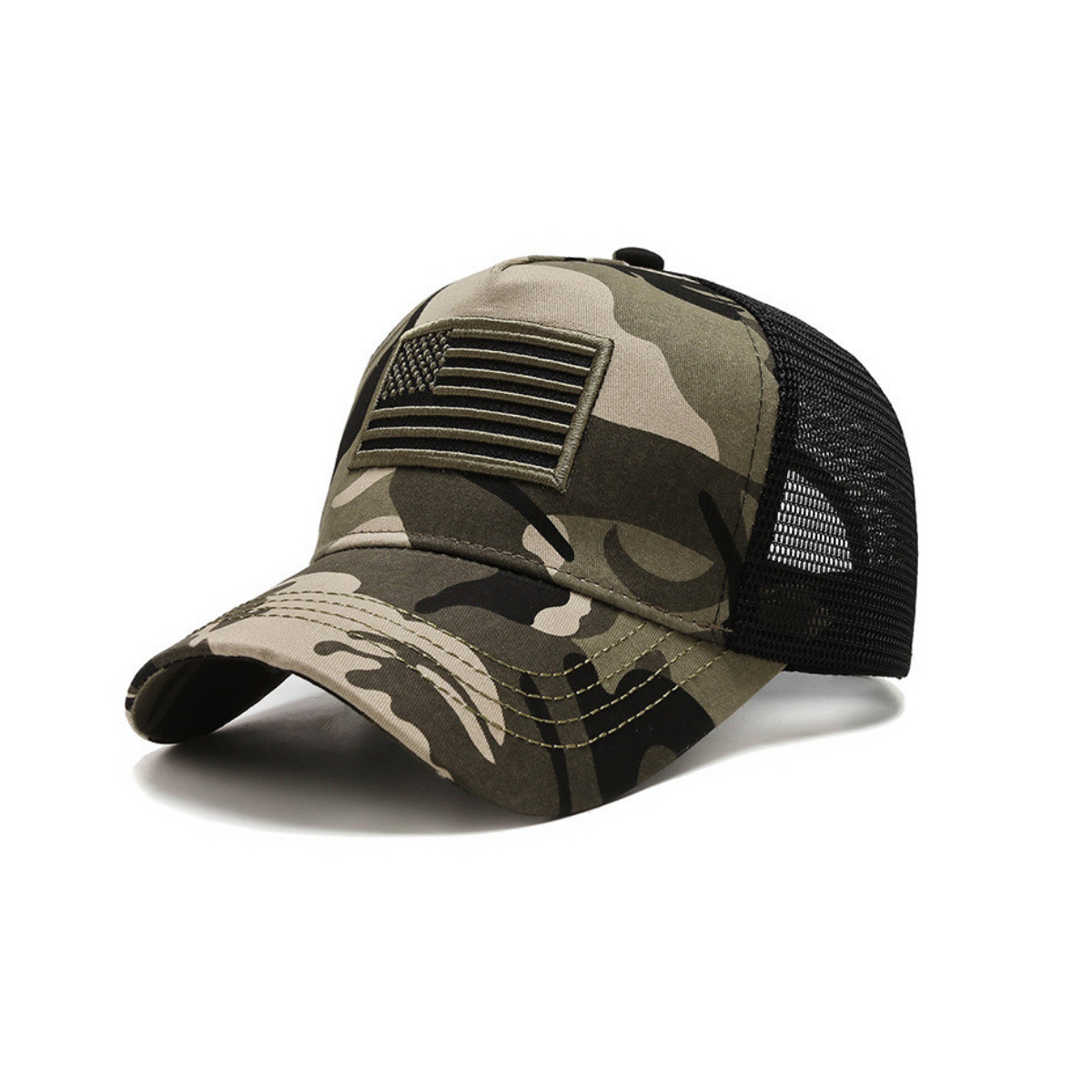 a camo hat with an american flag on it