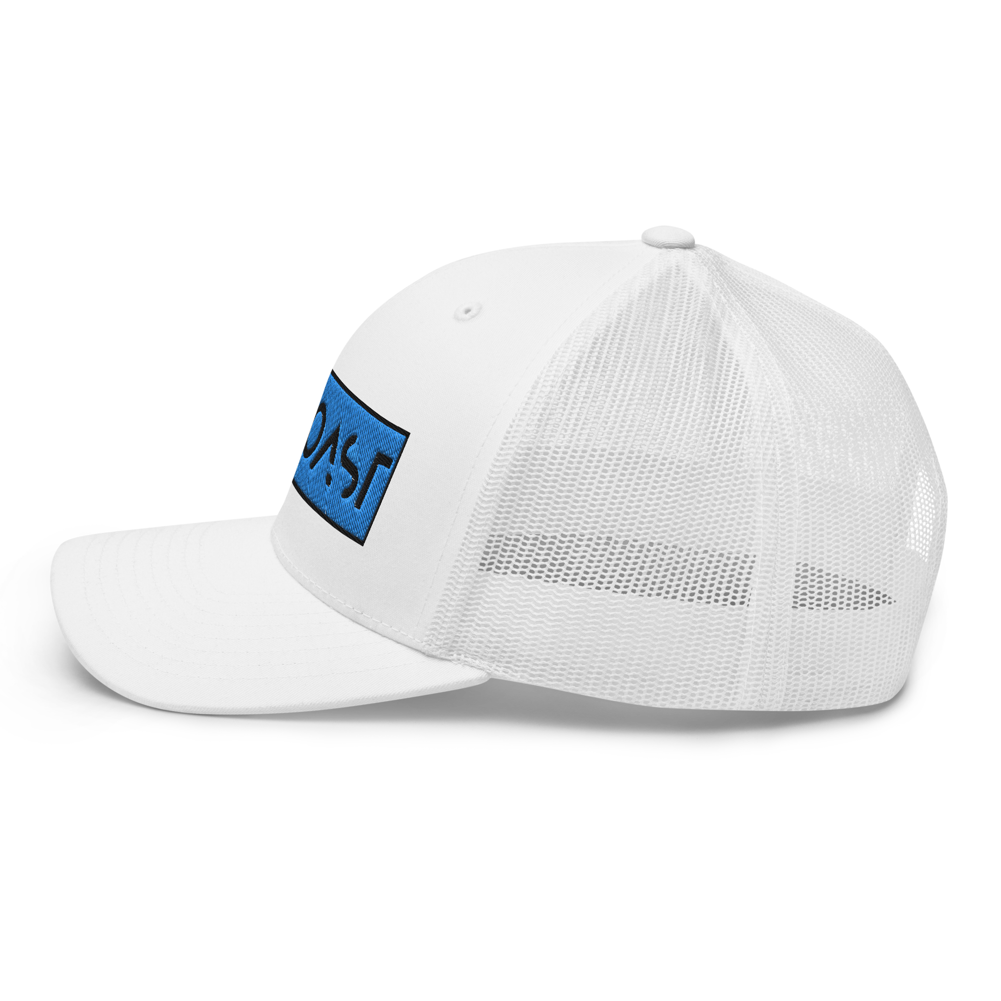 a white hat with a blue patch on the front