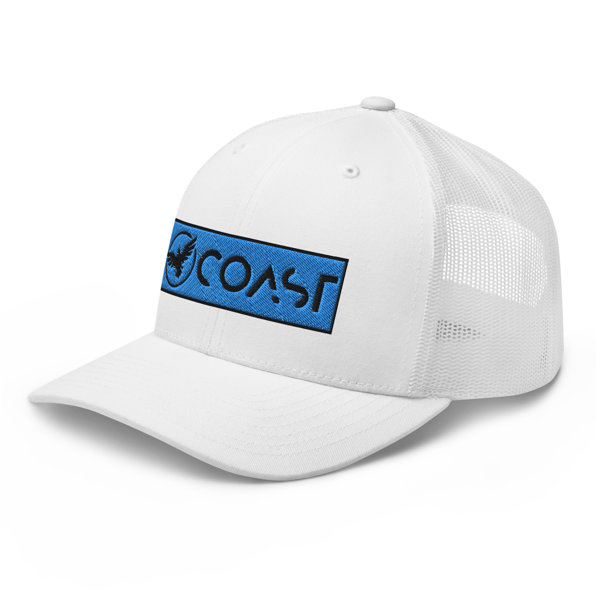 a white trucker hat with the word coast on it