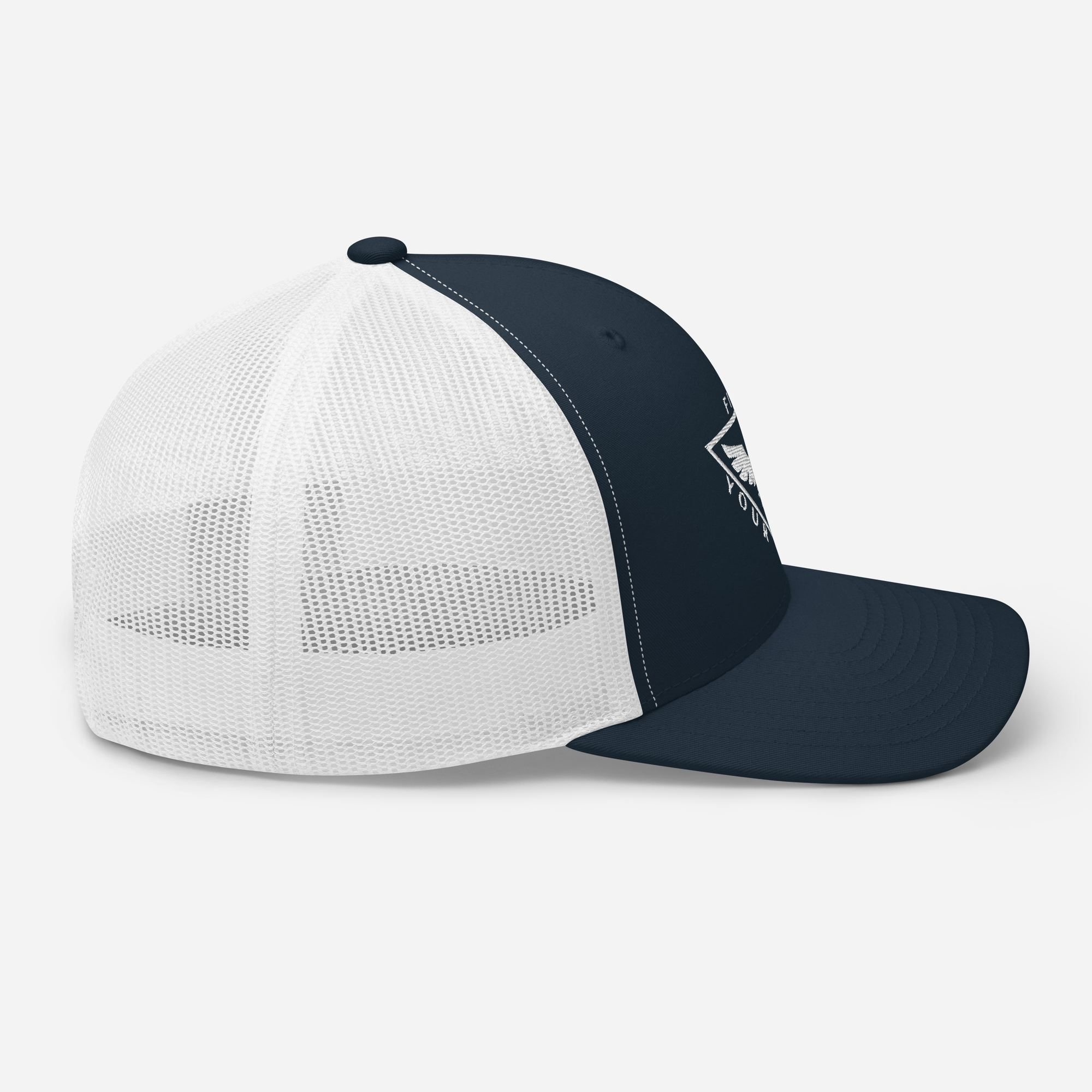 a white and blue trucker hat on a white background