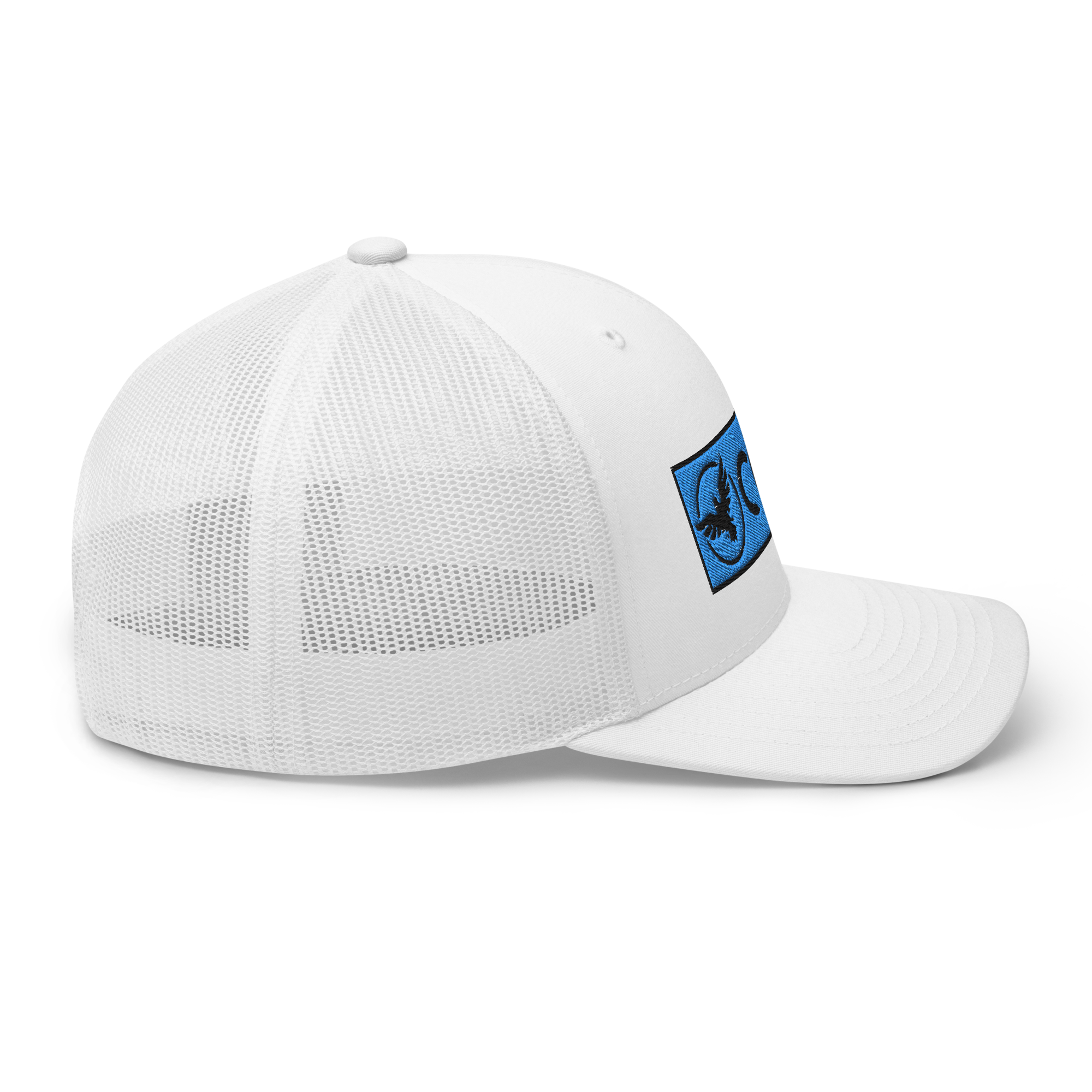 a white hat with a blue logo on it