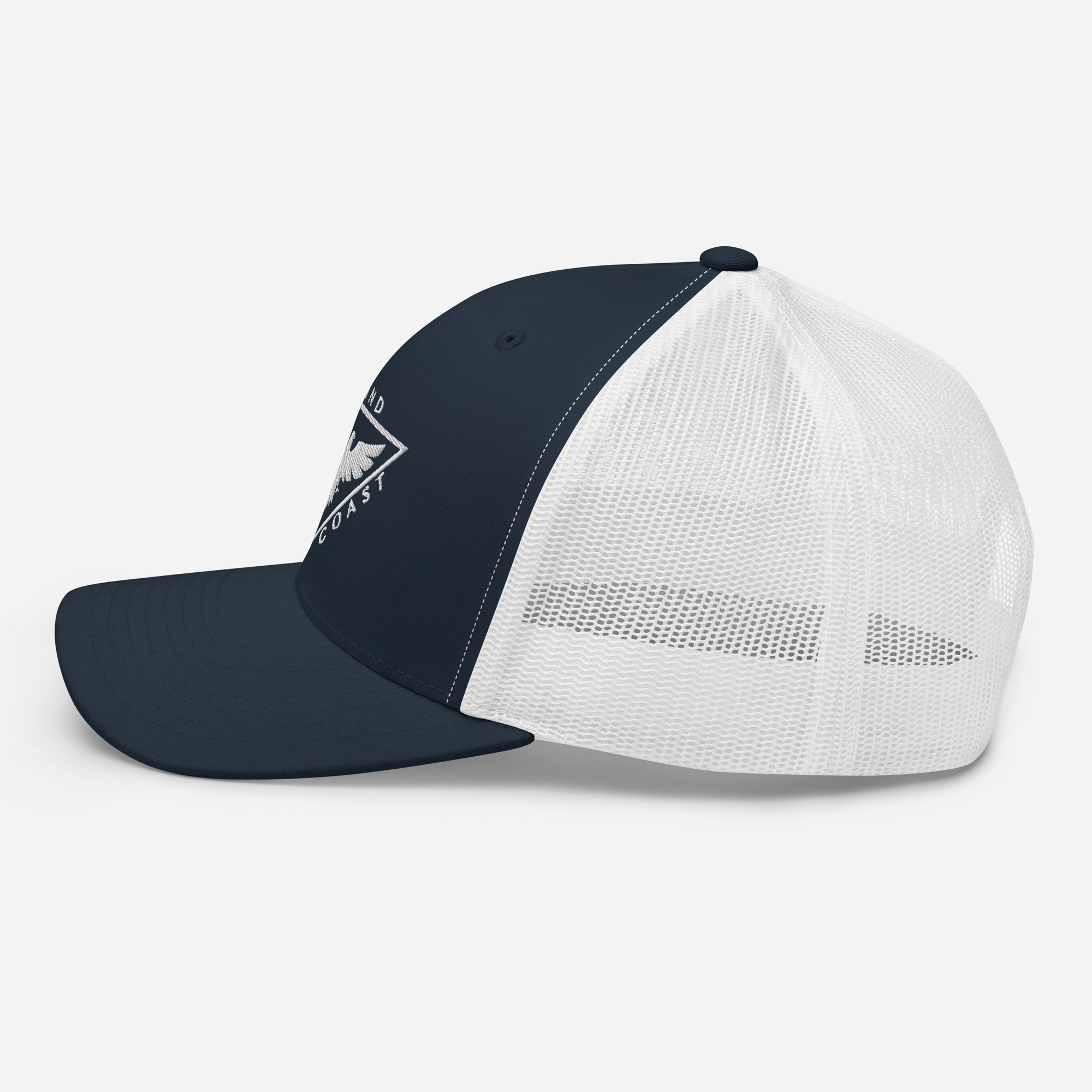 a white and blue hat with a triangle on the front