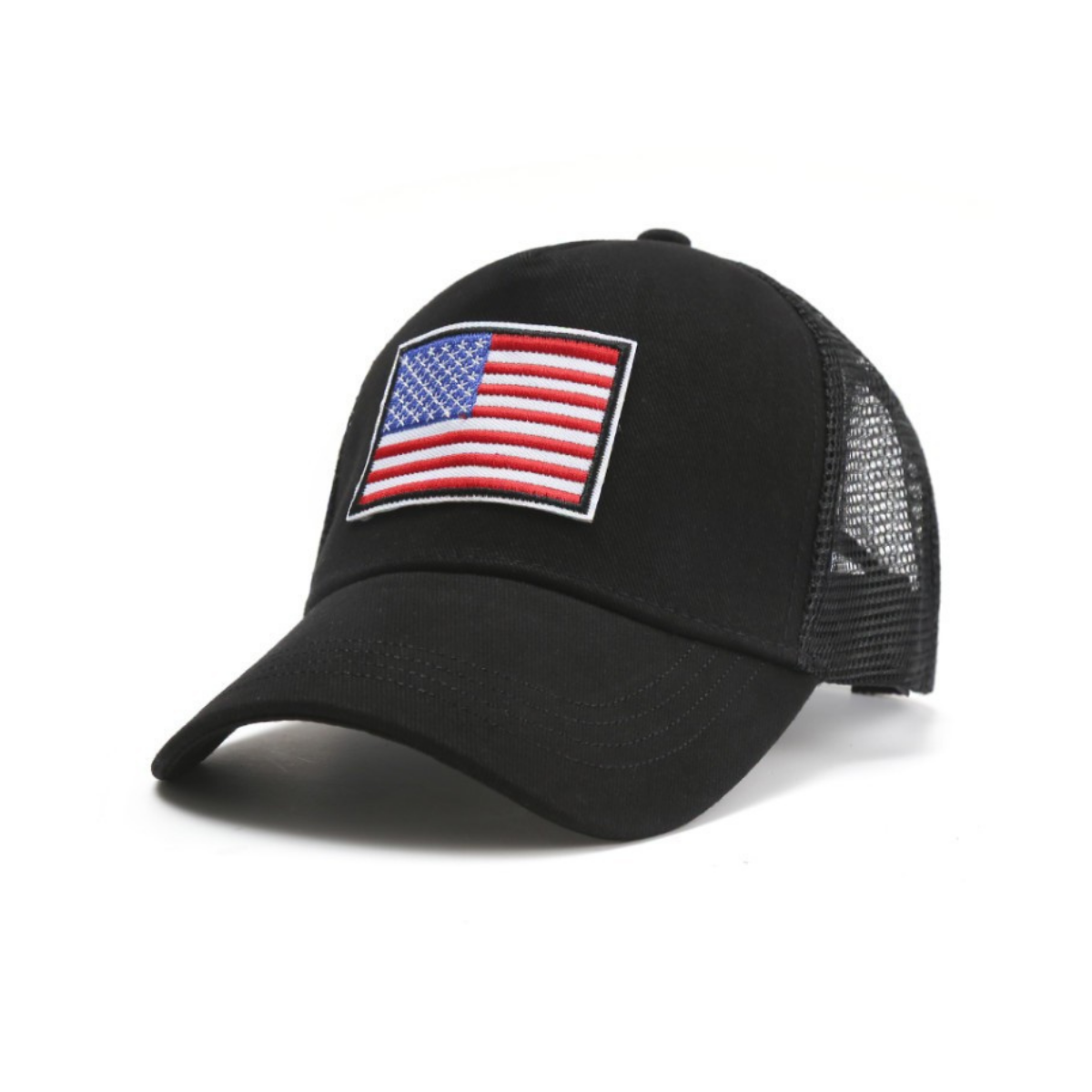 a black hat with an american flag patch