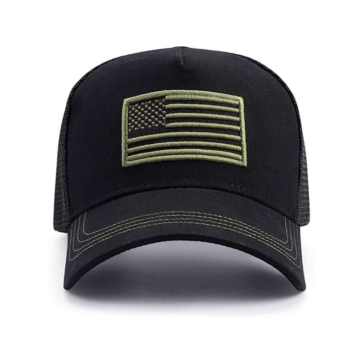 a black hat with an american flag patch